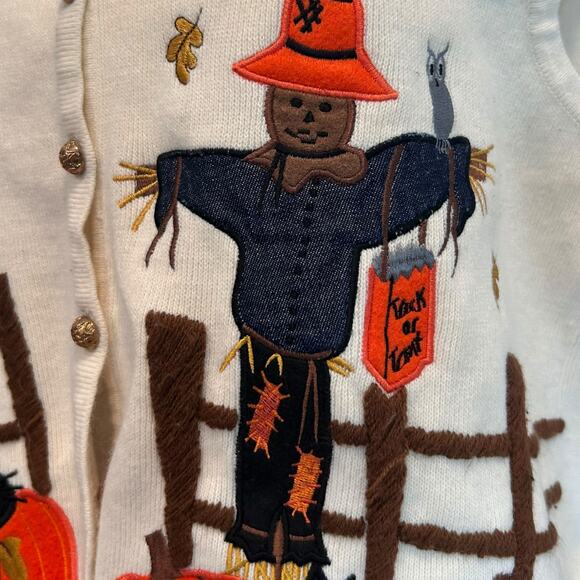 Vintage White Orange Halloween Sweater Vest Womens Sz Large Pumpkin Black Cat - Picture 6 of 16